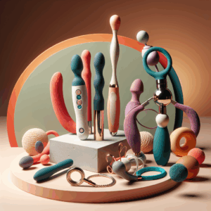 A futuristic and innovative array of colorful and uniquely designed sex toys displayed on a sleek, modern background. Include elements like a high-tech rabbit vibrator, eco-friendly materials, and a stylish necklace-shaped vibrator.