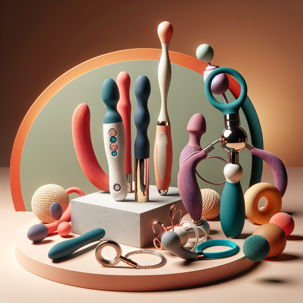 A futuristic and innovative array of colorful and uniquely designed sex toys displayed on a sleek, modern background. Include elements like a high-tech rabbit vibrator, eco-friendly materials, and a stylish necklace-shaped vibrator.