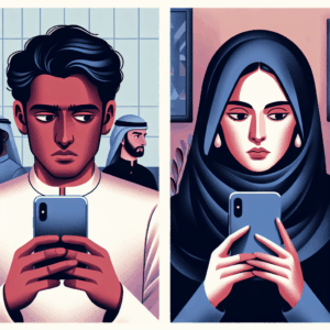 Illustration d'un couple avec des smartphones, l'un l'air suspicieux, l'autre pensif ; ambiance numérique et ambiance conflictuelle mais subtile, dans des teintes apaisantes.