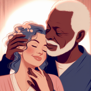An intimate and heartfelt scene depicting a couple in love, where there's a noticeable yet endearing age difference between them, symbolizing harmony and understanding beyond age; soft pastel colors, warm lighting.