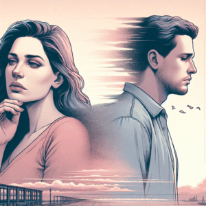 A symbolic illustration of a couple drifting apart, showing emotional distance and lack of communication, in a soft pastel color scheme.