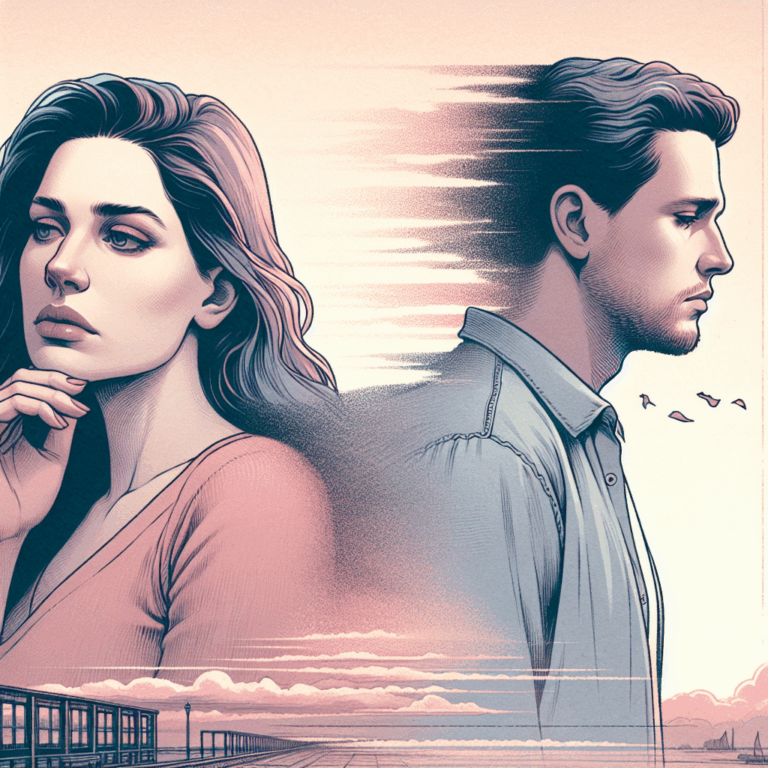 A symbolic illustration of a couple drifting apart, showing emotional distance and lack of communication, in a soft pastel color scheme.