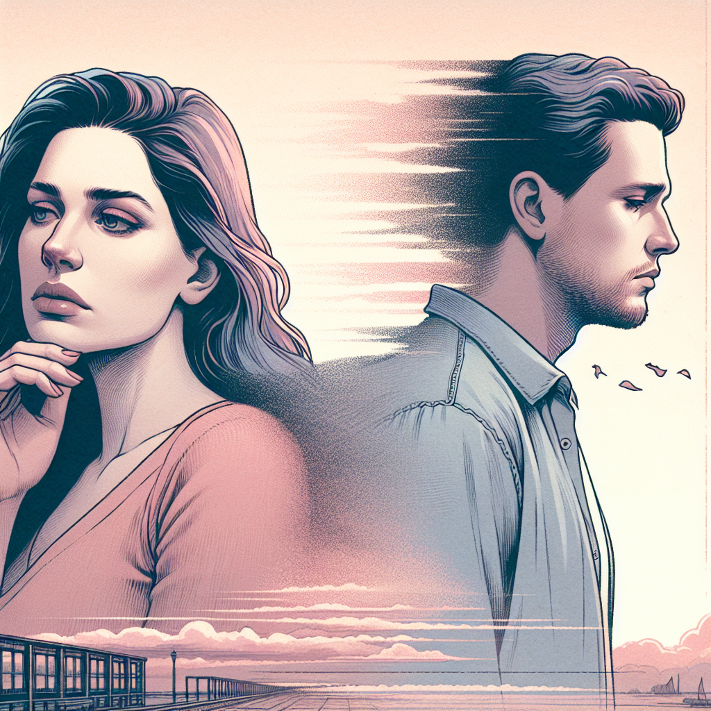 A symbolic illustration of a couple drifting apart, showing emotional distance and lack of communication, in a soft pastel color scheme.