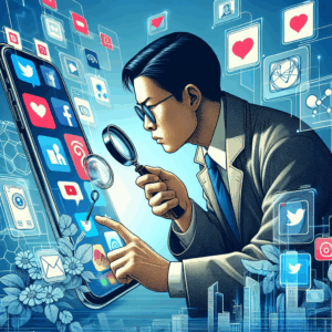 A digital illustration of a detective examining mobile phone apps, symbolizing uncovering secrets in digital relationships. The setting is modern and tech-savvy with a focus on mobile screens and social media icons.