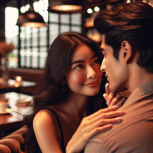 A romantic scene depicting a woman looking affectionately at her partner, with subtle body language like smiling and touching, set in a cozy café environment.