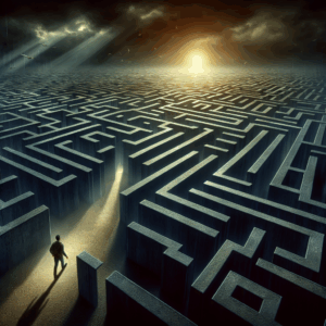 Illustration d'une personne traversant un labyrinthe sombre, symbolisant la complexité des relations avec un manipulateur émotionnel, une lumière symbolisant la compréhension et la résilience guidant le chemin.