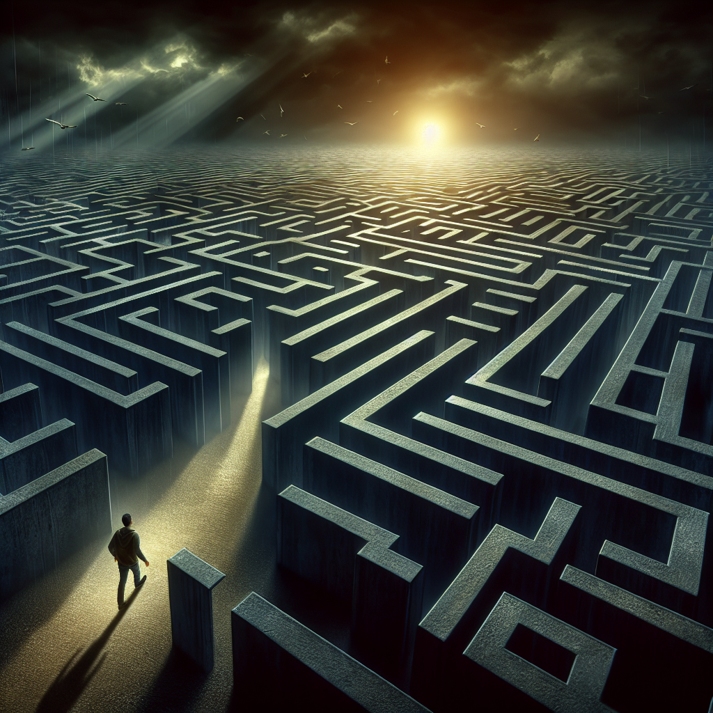 Illustration d'une personne traversant un labyrinthe sombre, symbolisant la complexité des relations avec un manipulateur émotionnel, une lumière symbolisant la compréhension et la résilience guidant le chemin.
