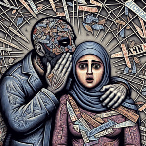 A conceptual illustration showing a shadowy figure whispering into the ear of a confused person, surrounded by a web of tangled words and phrases, portraying manipulation and psychological control.