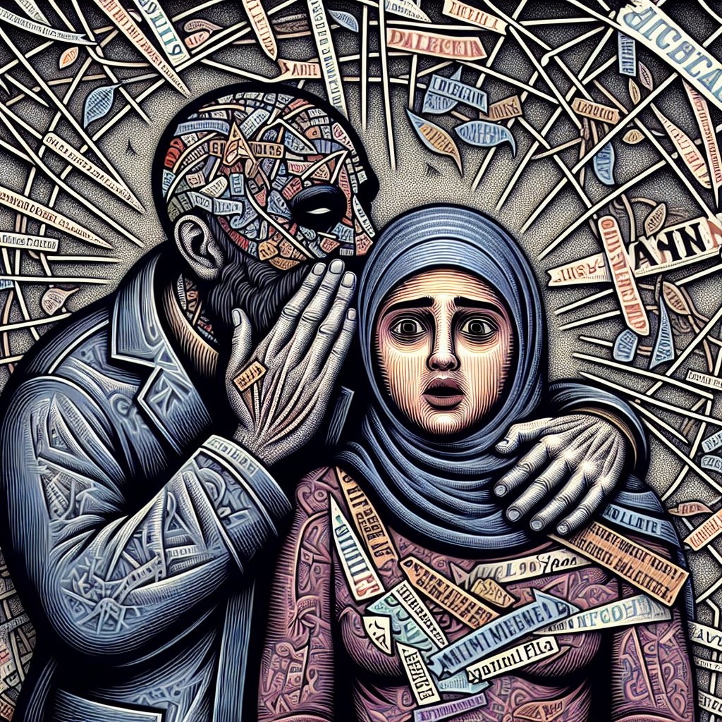 A conceptual illustration showing a shadowy figure whispering into the ear of a confused person, surrounded by a web of tangled words and phrases, portraying manipulation and psychological control.