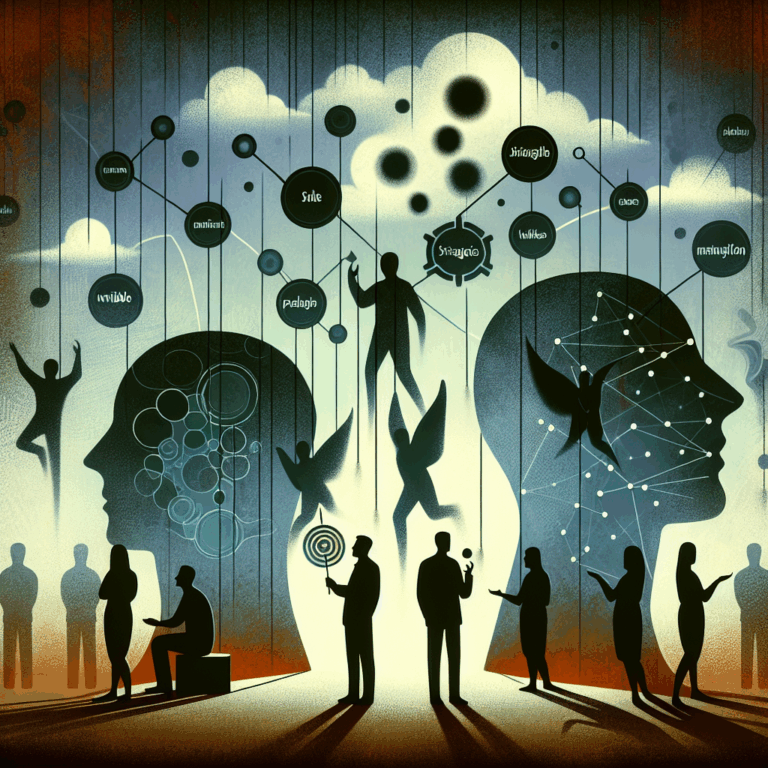 Illustration d'une scène abstraite représentant la manipulation psychologique, avec des silhouettes ambiguës et des stratégies invisibles symbolisées par des mots flottants.