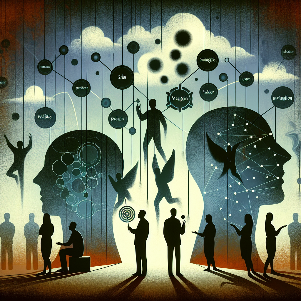 Illustration d'une scène abstraite représentant la manipulation psychologique, avec des silhouettes ambiguës et des stratégies invisibles symbolisées par des mots flottants.