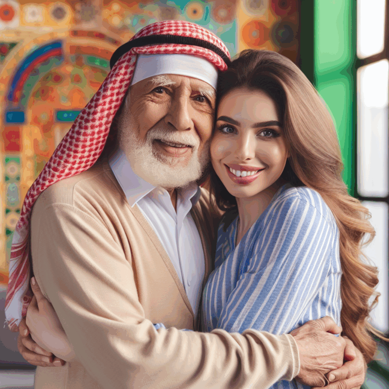 A diverse couple in a loving embrace, highlighting a visible age difference, set in a vibrant, cozy home environment, symbolizing harmony and understanding across generations.