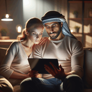 A couple sitting together on a modern couch, both looking at a tablet with smiling faces, surrounded by soft lighting and cozy decor, representing a harmonious and tech-enhanced relationship environment.