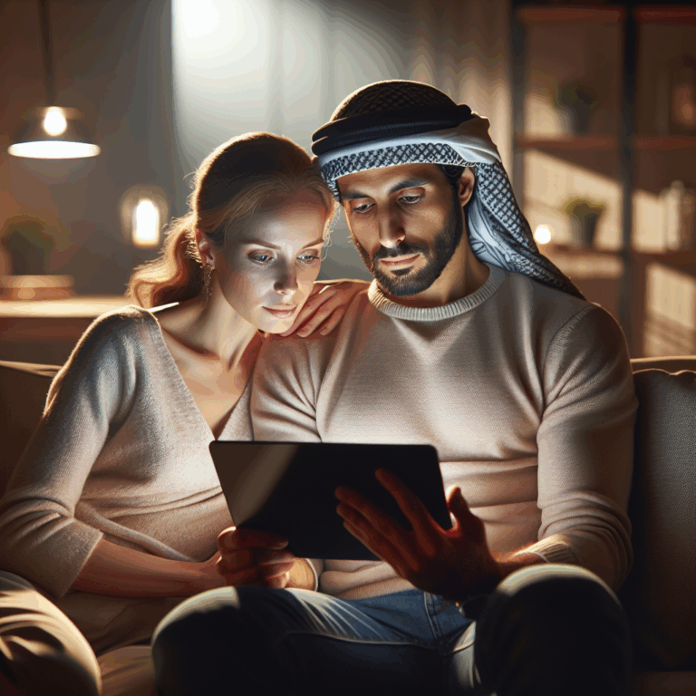 A couple sitting together on a modern couch, both looking at a tablet with smiling faces, surrounded by soft lighting and cozy decor, representing a harmonious and tech-enhanced relationship environment.