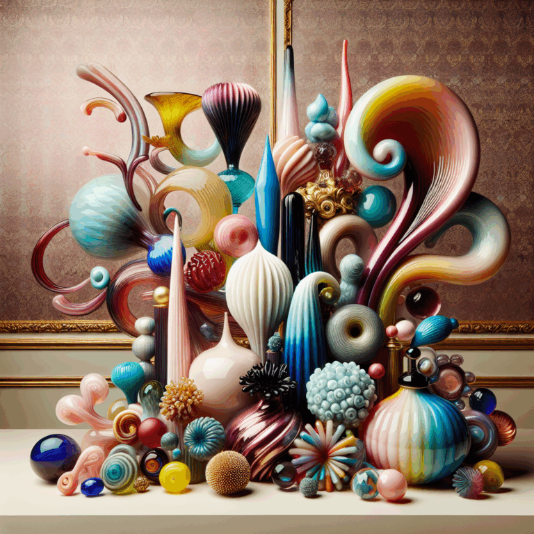 An elegant, artistic depiction of various glass dildos, showcasing their vibrant colors and unique shapes, set against a soft, luxurious background. The composition should highlight their aesthetic appeal and the allure of pleasure they offer.