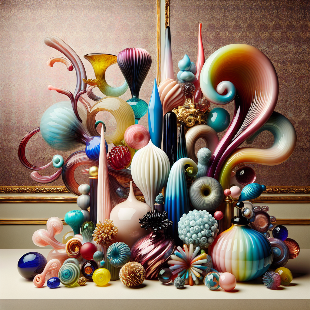 An elegant, artistic depiction of various glass dildos, showcasing their vibrant colors and unique shapes, set against a soft, luxurious background. The composition should highlight their aesthetic appeal and the allure of pleasure they offer.
