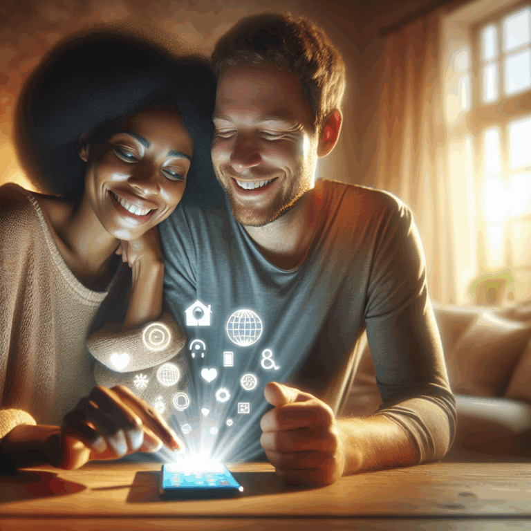 A couple using a smartphone together, smiling and looking at various app icons floating above. The background shows a cozy living room setting with warm lighting, symbolizing a happy and harmonious relationship.