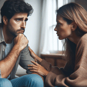 A worried couple having a discussion at home, with the woman reassuring her partner. The setting is cozy and intimate, indicating a deep conversation about emotions. Emphasis on facial expressions that show concern and understanding.