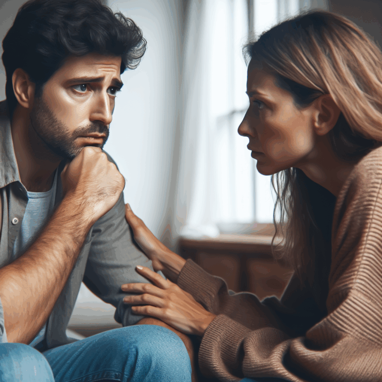 A worried couple having a discussion at home, with the woman reassuring her partner. The setting is cozy and intimate, indicating a deep conversation about emotions. Emphasis on facial expressions that show concern and understanding.