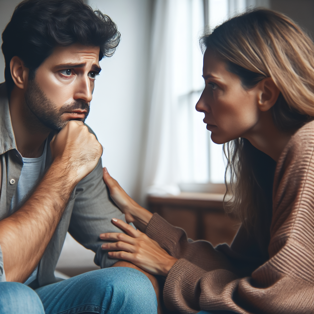 A worried couple having a discussion at home, with the woman reassuring her partner. The setting is cozy and intimate, indicating a deep conversation about emotions. Emphasis on facial expressions that show concern and understanding.