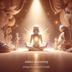 A tranquil, intimate setting showing a serene individual in a meditative pose, surrounded by soft lighting and calming elements, evoking a sense of peace and self-discovery associated with the practice of gooning.
