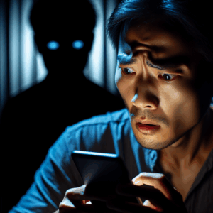 A concerned person looking at a smartphone with a shadowy figure in the background, symbolizing online infidelity suspicion, modern digital aesthetics.
