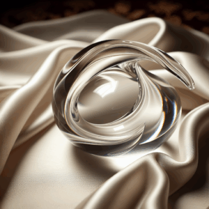 A beautifully crafted glass dildo placed on a silk cloth, reflecting soft light that emphasizes its smooth and curved surface, with an elegant and sophisticated ambiance, showcasing its aesthetic appeal and luxurious design.