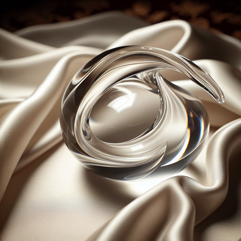 A beautifully crafted glass dildo placed on a silk cloth, reflecting soft light that emphasizes its smooth and curved surface, with an elegant and sophisticated ambiance, showcasing its aesthetic appeal and luxurious design.