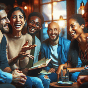 A vibrant and diverse group of people, each representing different nationalities, laughing and engaging in a cheerful, lively discussion about relationships and culture, set in a cozy café with soft lighting.