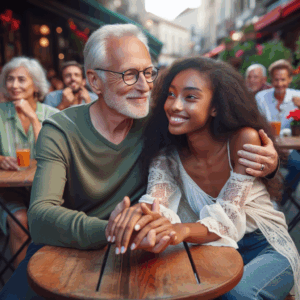 A diverse couple sitting hand in hand at a café, the man appears significantly older than the woman, surrounded by lively street background showing various people smiling and talking, symbolizing acceptance and love beyond age differences.