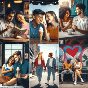 A diverse group of young adults engaging in various dating activities, embodying freedom and positive expressions, set in a vibrant urban environment. The scene should reflect a sense of independence and modern love dynamics.