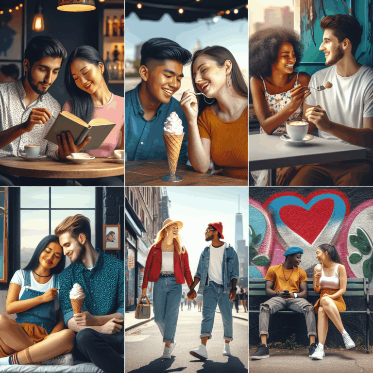 A diverse group of young adults engaging in various dating activities, embodying freedom and positive expressions, set in a vibrant urban environment. The scene should reflect a sense of independence and modern love dynamics.