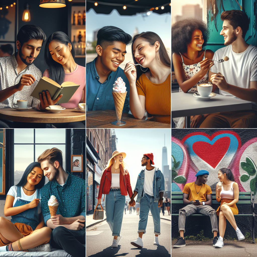 A diverse group of young adults engaging in various dating activities, embodying freedom and positive expressions, set in a vibrant urban environment. The scene should reflect a sense of independence and modern love dynamics.