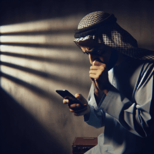 A worried person looking at a smartphone screen, symbolizing suspicion in a relationship. The background should depict a dimly lit room with shadows, emphasizing secrecy and concerns about infidelity.