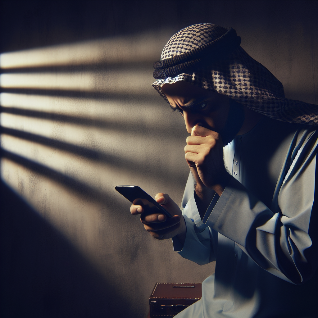 A worried person looking at a smartphone screen, symbolizing suspicion in a relationship. The background should depict a dimly lit room with shadows, emphasizing secrecy and concerns about infidelity.
