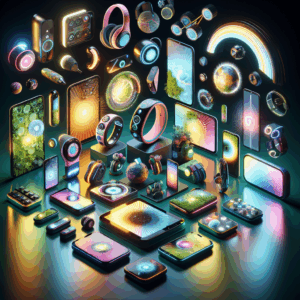 A futuristic and stylish sex toy showcase featuring a variety of innovative designs, including eco-friendly materials and high-tech gadgets, with a vibrant and appealing aesthetic for a modern audience.