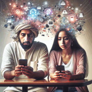 A couple sitting at a cafe, both looking at their phones with expressions of concern and curiosity, digital elements around them indicating online activities and connections.
