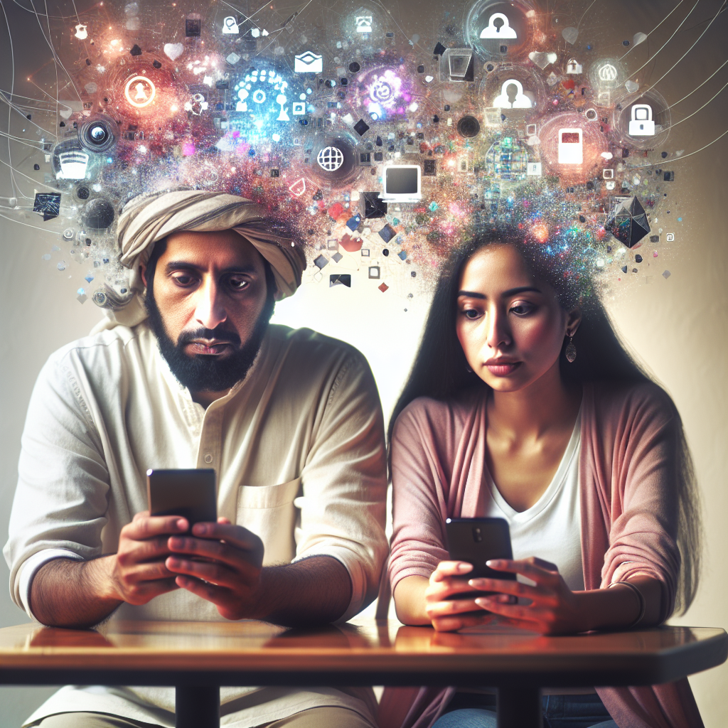 A couple sitting at a cafe, both looking at their phones with expressions of concern and curiosity, digital elements around them indicating online activities and connections.