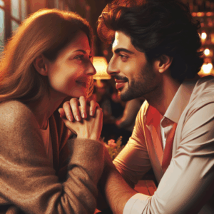 A romantic scene with a couple sitting at a café, exchanging smiles and looking at each other lovingly, surrounded by soft lighting and warm colors, capturing a sense of affection and connection.