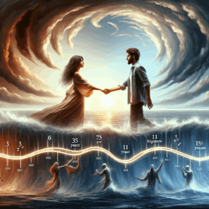A couple holding hands in a storm, surrounded by symbolic timelines showing 3, 7, 11, and 15 years, highlighting challenges in relationships, with a hopeful sunrise in the background.