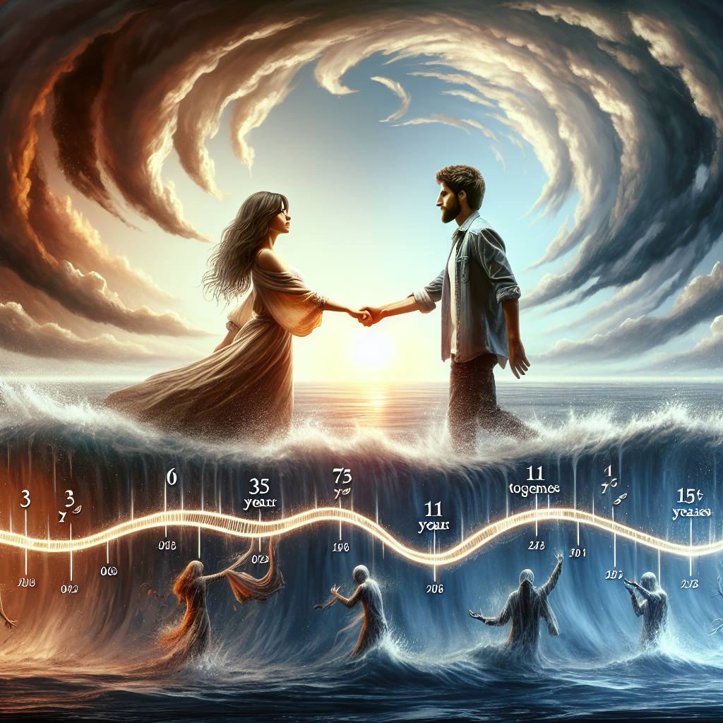 A couple holding hands in a storm, surrounded by symbolic timelines showing 3, 7, 11, and 15 years, highlighting challenges in relationships, with a hopeful sunrise in the background.
