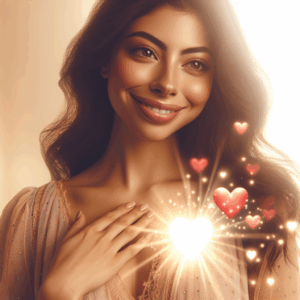 Une illustration représentant une femme avec des signes d'amour, tels qu'un regard amoureux, un sourire éclatant, entourée d'une aura romantique et chaleureuse. Le style devrait être doux et plein d'émotion, capturant l'essence du charme romantique.