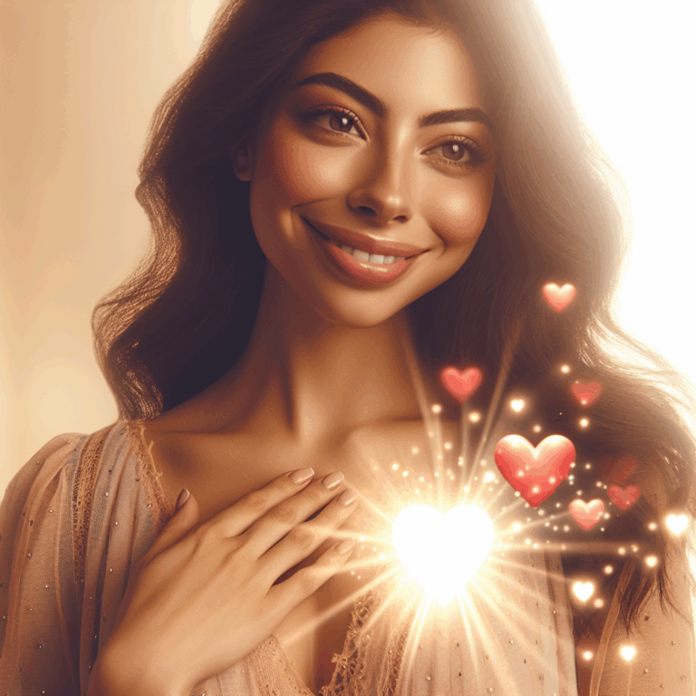 Une illustration représentant une femme avec des signes d'amour, tels qu'un regard amoureux, un sourire éclatant, entourée d'une aura romantique et chaleureuse. Le style devrait être doux et plein d'émotion, capturant l'essence du charme romantique.