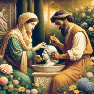 A serene couple sculpting a beautiful statue together, symbolizing mutual support and encouragement. The background is a peaceful garden with blooming flowers, capturing a Renaissance artistic style.