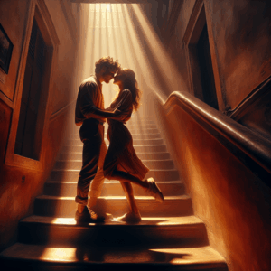 A romantic and adventurous scene in a dimly lit staircase with a couple passionately embracing, highlighting the concept of intimacy and excitement in an unusual setting. The focus is on a balance between romance and spontaneity, capturing the essence of the "Step it Up" position.