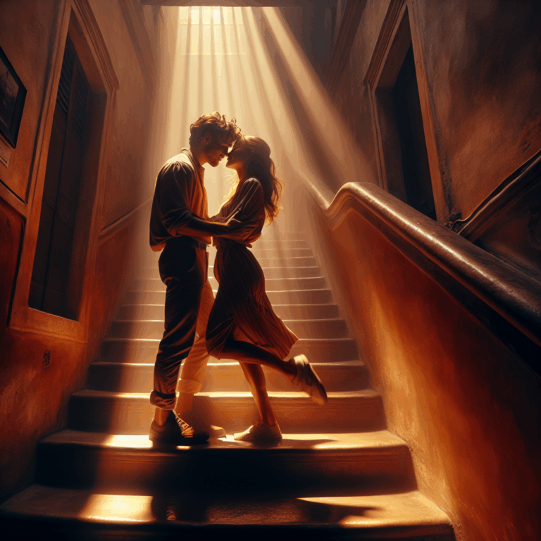 A romantic and adventurous scene in a dimly lit staircase with a couple passionately embracing, highlighting the concept of intimacy and excitement in an unusual setting. The focus is on a balance between romance and spontaneity, capturing the essence of the "Step it Up" position.