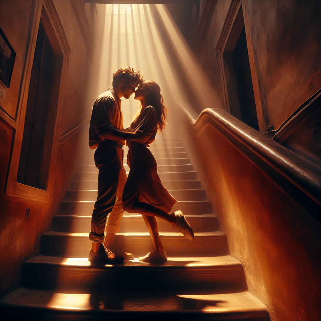 A romantic and adventurous scene in a dimly lit staircase with a couple passionately embracing, highlighting the concept of intimacy and excitement in an unusual setting. The focus is on a balance between romance and spontaneity, capturing the essence of the "Step it Up" position.