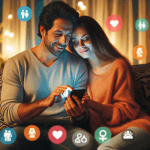 A loving couple using a smartphone together on a cozy couch, surrounded by colorful app icons floating around them, representing various couple-oriented applications; warm and intimate lighting to emphasize connection.