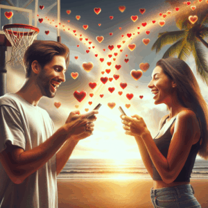 A romantic scene with a young couple exchanging text messages; they are smiling and happy, standing in different locations but connected by a stream of hearts flowing between their phones, symbolizing affection and connection throughout the day.