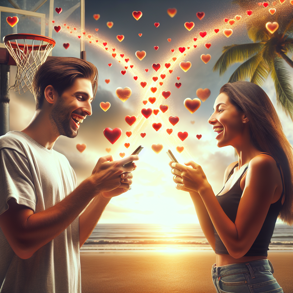 A romantic scene with a young couple exchanging text messages; they are smiling and happy, standing in different locations but connected by a stream of hearts flowing between their phones, symbolizing affection and connection throughout the day.